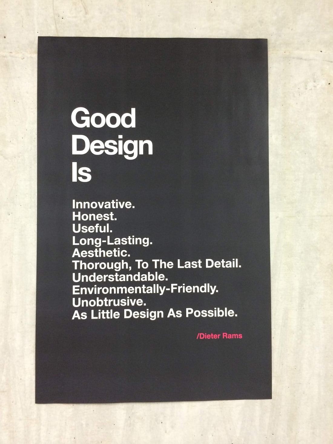 Poster with the headline Good Design Is listing adjectives attributed to Dieter Rams