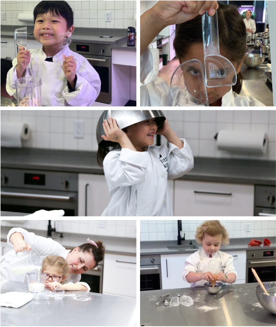 collection of images of kids in the kitchen wearing white chef's outfits and cooking
