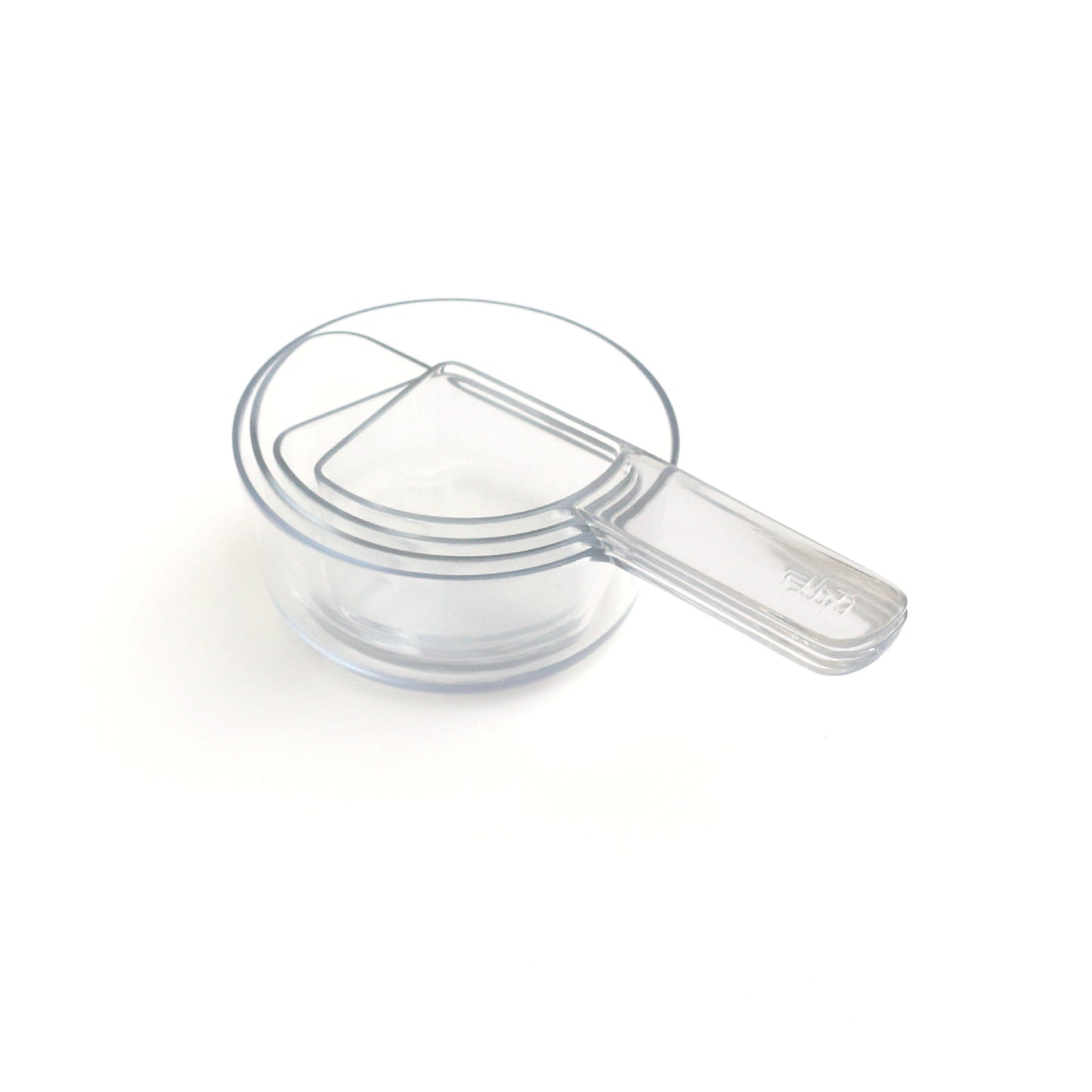 a set of four clear visual measuring cups are nested together